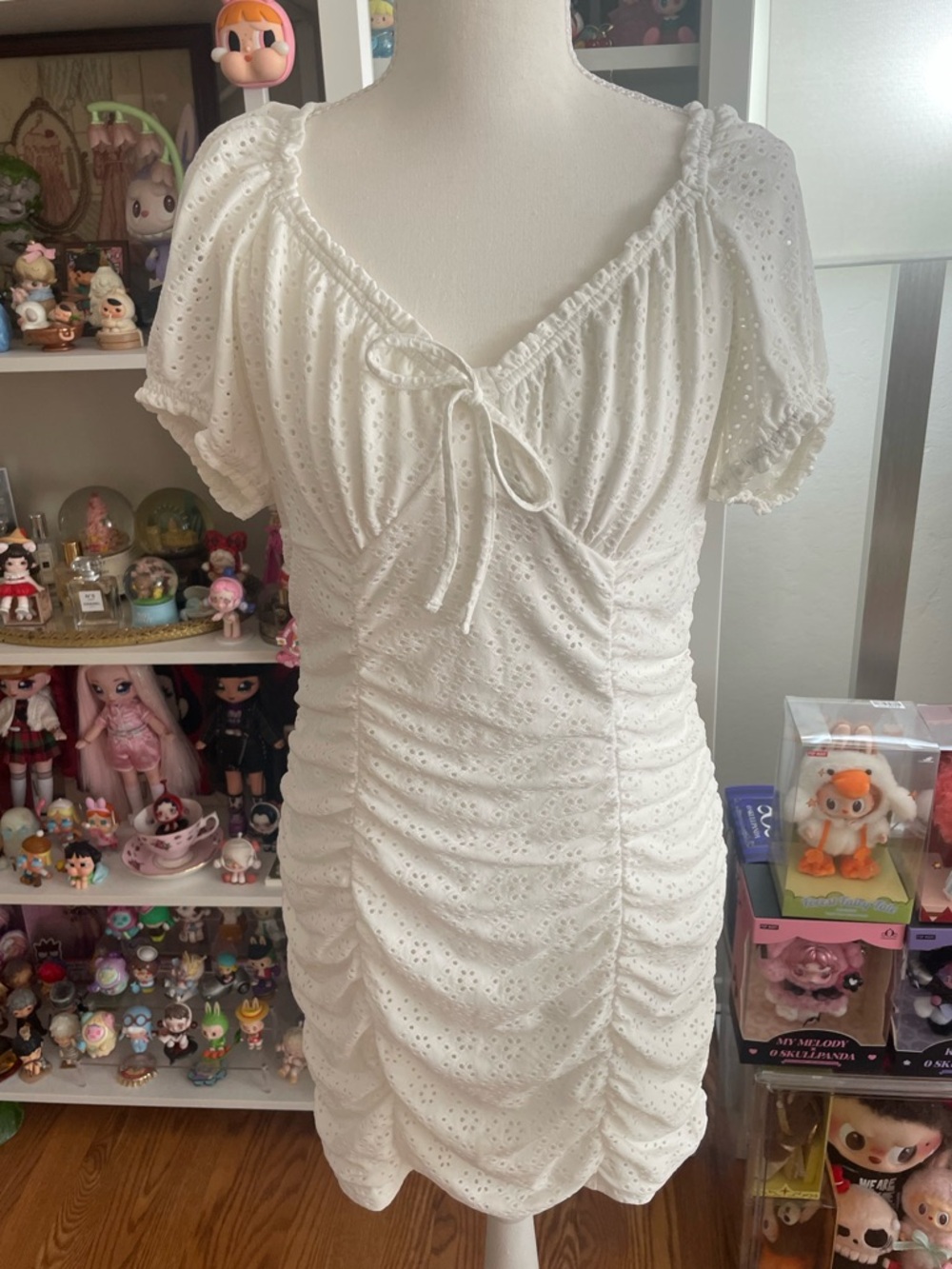 H&M White Eyelet Ruched Mini Dress Puff Sleeve Size L NWT